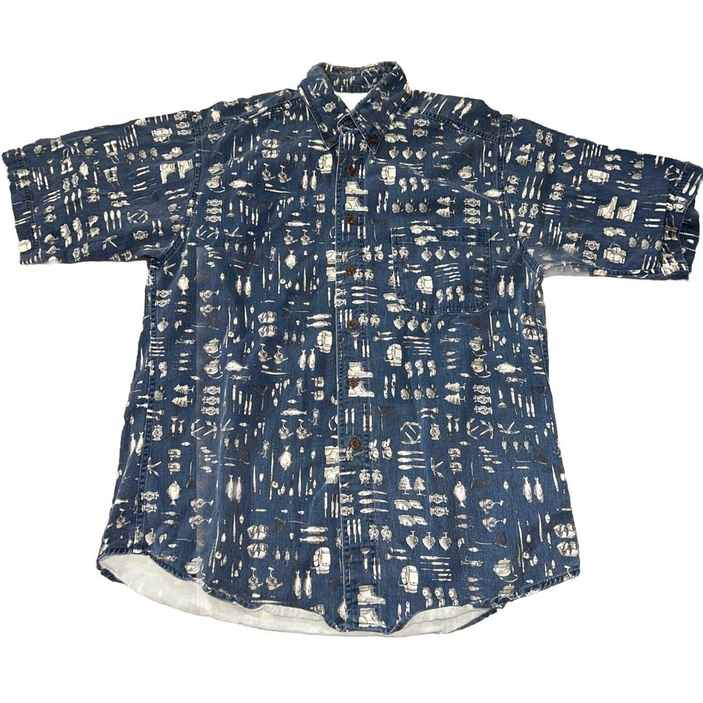 Mens Medium Vintage Woolrich Tackle/Fish Button Down Short Sleeve Polo - Picture 1 of 8
